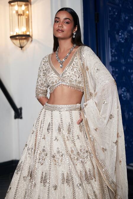 Basanti - Kapde Aur Koffee_Ivory Organza, Tissue Sequins, Embroidery, Cut Work V-neck Floral Lehenga Set_Online_at_Aza_Fashions