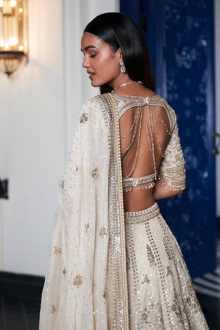 Buy_Basanti - Kapde Aur Koffee_Ivory Organza, Tissue Sequins, Embroidery, Cut Work V-neck Floral Lehenga Set_Online_at_Aza_Fashions