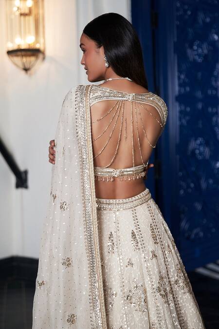Shop_Basanti - Kapde Aur Koffee_Ivory Organza, Tissue Sequins, Embroidery, Cut Work V-neck Floral Lehenga Set_Online_at_Aza_Fashions