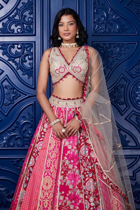 Buy_Basanti - Kapde Aur Koffee_Pink Brocade, Chiffon Sequins, Beads, Embroidery Floral Pattern Lehenga Set _Online_at_Aza_Fashions