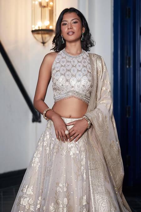 Buy_Basanti - Kapde Aur Koffee_Ivory Organza Cut Work, Sequins, Mirrors Halter Neck Woven Floral Lehenga Set_Online_at_Aza_Fashions