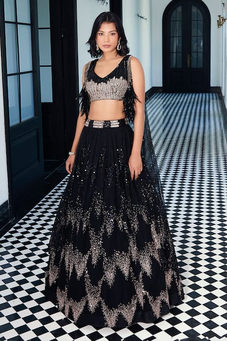 Buy_Basanti - Kapde Aur Koffee_Black Net, Silk Cut Work, Sequins, Mirrors Scattered Embroidered Lehenga Set _Online_at_Aza_Fashions