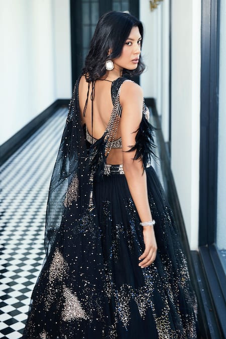 Basanti - Kapde Aur Koffee_Black Net, Silk Cut Work, Sequins, Mirrors Scattered Embroidered Lehenga Set _at_Aza_Fashions
