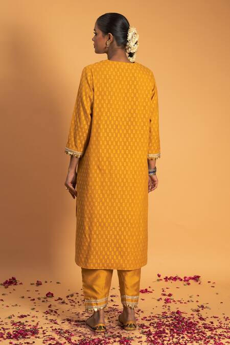Shop Sitaraa Yellow Chanderi Gota Patti, Sequins Prakhar Yoke Embroidered Kurta And Salwar Set at Aza Fashions Shop_Sitaraa_Yellow Chanderi Gota Patti, Sequins Prakhar Yoke Embroidered Kurta And Salwar Set_at_Aza_Fashions