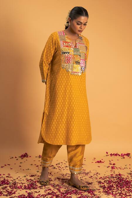 Sitaraa Yellow Chanderi Gota Patti, Sequins Prakhar Yoke Embroidered Kurta And Salwar Set Online at Aza Fashions Sitaraa_Yellow Chanderi Gota Patti, Sequins Prakhar Yoke Embroidered Kurta And Salwar Set_Online_at_Aza_Fashions