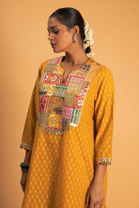 Buy Sitaraa Yellow Chanderi Gota Patti, Sequins Prakhar Yoke Embroidered Kurta And Salwar Set Online at Aza Fashions Buy_Sitaraa_Yellow Chanderi Gota Patti, Sequins Prakhar Yoke Embroidered Kurta And Salwar Set_Online_at_Aza_Fashions