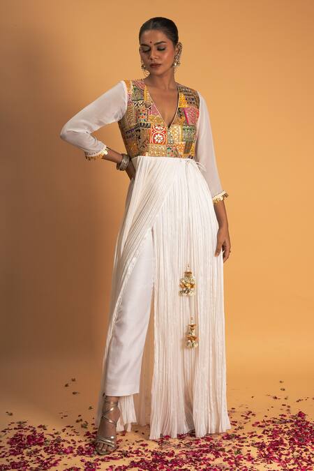 Shop Sitaraa Ivory Chanderi, Chiffon Alankar Applique Embroidered Angarkha Kurta And Pant Set Online at Aza Fashions Shop_Sitaraa_Ivory Chanderi, Chiffon Alankar Applique Embroidered Angarkha Kurta And Pant Set_Online_at_Aza_Fashions