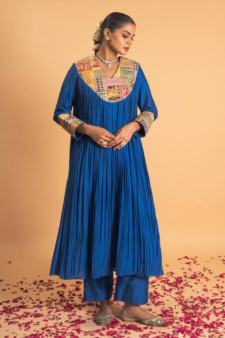 Buy_Sitaraa_Blue Organza, Chanderi Sequins, Embroidery, Gota Patti Tarang Yoke Kurta Set_Online_at_Aza_Fashions