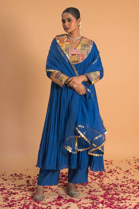 Shop_Sitaraa_Blue Organza, Chanderi Sequins, Embroidery, Gota Patti Tarang Yoke Kurta Set_Online_at_Aza_Fashions