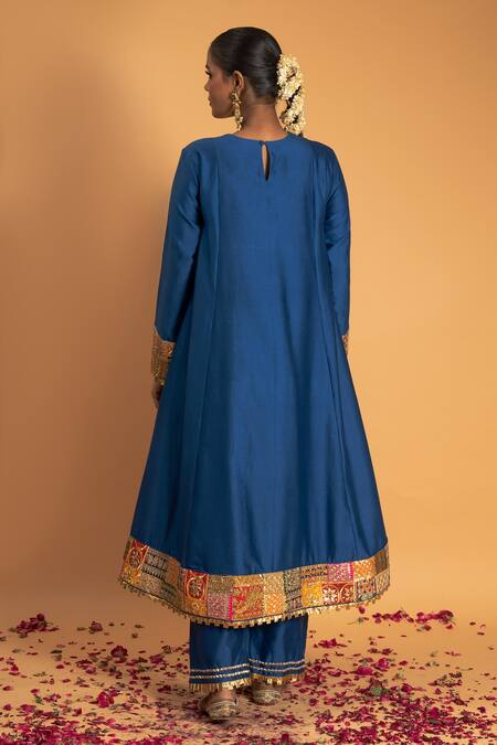 Shop Sitaraa Blue Organza, Chanderi Embroidery, Sequins, Gota Mohak Yoke Kurta Pant Set at Aza Fashions Shop_Sitaraa_Blue Organza, Chanderi Embroidery, Sequins, Gota Mohak Yoke Kurta Pant Set_at_Aza_Fashions