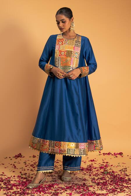 Sitaraa Blue Organza, Chanderi Embroidery, Sequins, Gota Mohak Yoke Kurta Pant Set Online at Aza Fashions Sitaraa_Blue Organza, Chanderi Embroidery, Sequins, Gota Mohak Yoke Kurta Pant Set_Online_at_Aza_Fashions