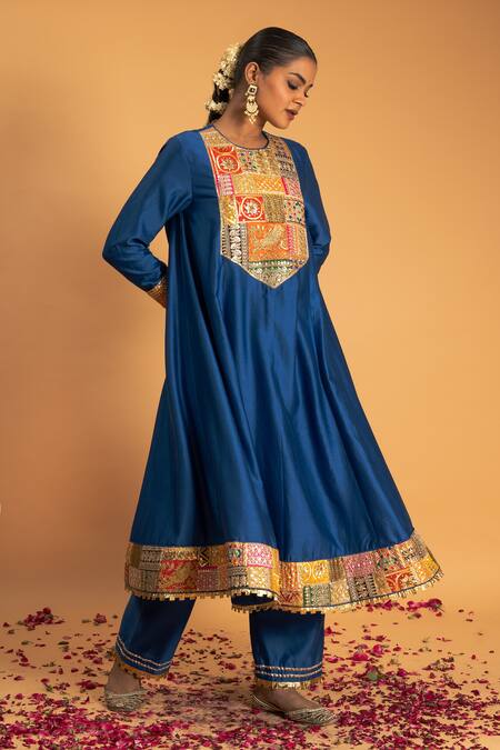 Buy Sitaraa Blue Organza, Chanderi Embroidery, Sequins, Gota Mohak Yoke Kurta Pant Set Online at Aza Fashions Buy_Sitaraa_Blue Organza, Chanderi Embroidery, Sequins, Gota Mohak Yoke Kurta Pant Set_Online_at_Aza_Fashions