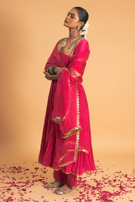 Sitaraa_Pink Organza, Chanderi Embroidery, Sequins, Surmaya Gathered Kurta Pant Set_at_Aza_Fashions