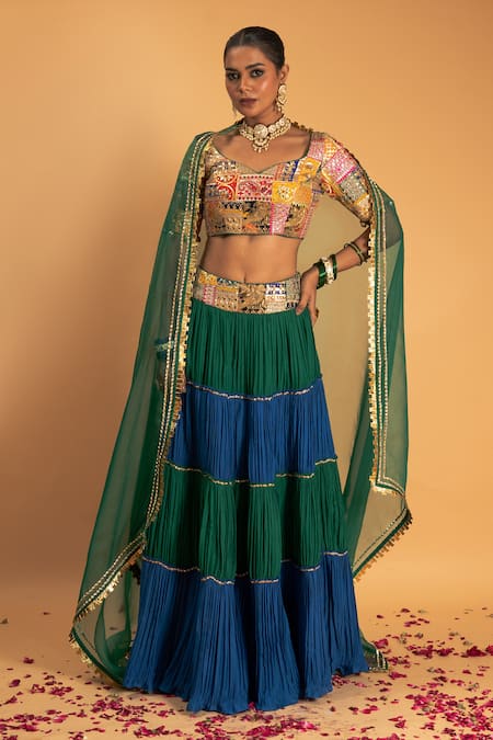 Sitaraa Green Chanderi Embroidery Gota Applique Urvashi Colorblock Gathered Lehenga Set 