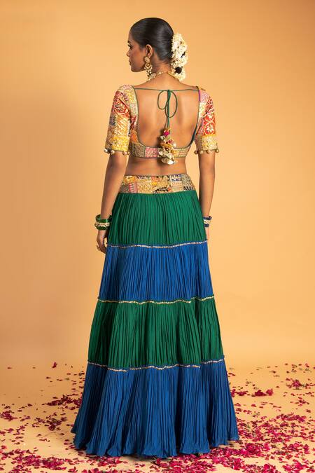 Shop Sitaraa Green Chanderi, Organza Embroidery, Urvashi Colorblock Gathered Lehenga Set at Aza Fashions Shop_Sitaraa_Green Chanderi, Organza Embroidery, Urvashi Colorblock Gathered Lehenga Set_at_Aza_Fashions