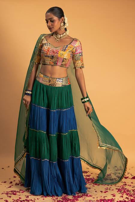 Buy Sitaraa Green Chanderi, Organza Embroidery, Urvashi Colorblock Gathered Lehenga Set Online at Aza Fashions Buy_Sitaraa_Green Chanderi, Organza Embroidery, Urvashi Colorblock Gathered Lehenga Set_Online_at_Aza_Fashions