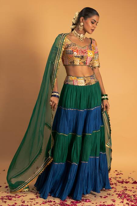 Shop Sitaraa Green Chanderi, Organza Embroidery, Urvashi Colorblock Gathered Lehenga Set Online at Aza Fashions Shop_Sitaraa_Green Chanderi, Organza Embroidery, Urvashi Colorblock Gathered Lehenga Set_Online_at_Aza_Fashions