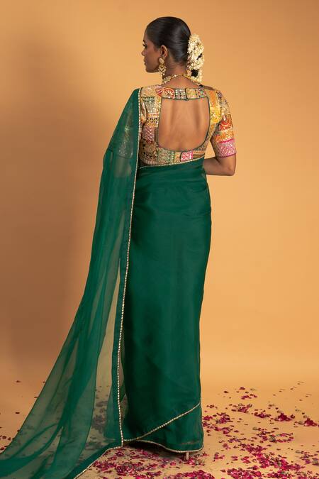 Shop Sitaraa Green Organza, Chanderi Embroidery, Sequins, Suhani Border Saree With Blouse at Aza Fashions Shop_Sitaraa_Green Organza, Chanderi Embroidery, Sequins, Suhani Border Saree With Blouse_at_Aza_Fashions