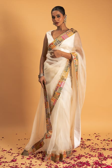 Sitaraa Ivory Organza Embroidery Gota Applique V Neck Naaz Border Saree With Blouse 