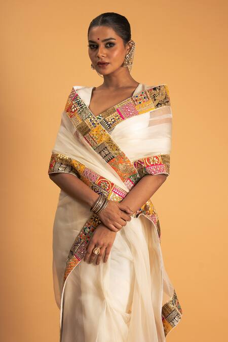 Shop_Sitaraa_Ivory Organza, Modal, Satin Naaz Applique Border Embroidered Saree With Blouse_Online_at_Aza_Fashions