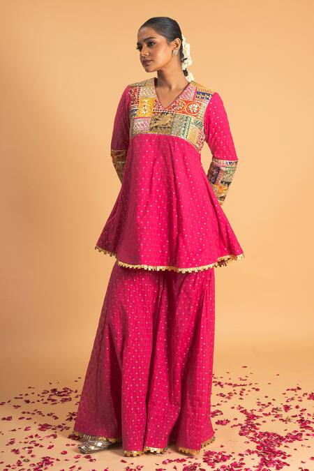 Sitaraa_Pink Chanderi, Organza Gota Patti, Prabha Geometric Woven Kurta Sharara Set_Online_at_Aza_Fashions