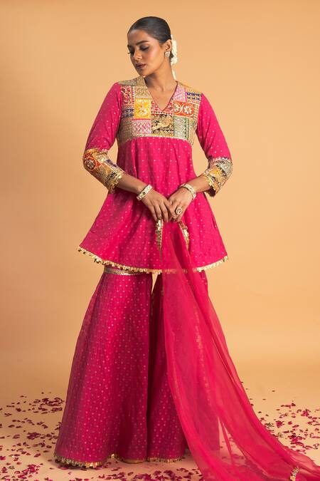 Shop_Sitaraa_Pink Chanderi, Organza Gota Patti, Prabha Geometric Woven Kurta Sharara Set_Online_at_Aza_Fashions