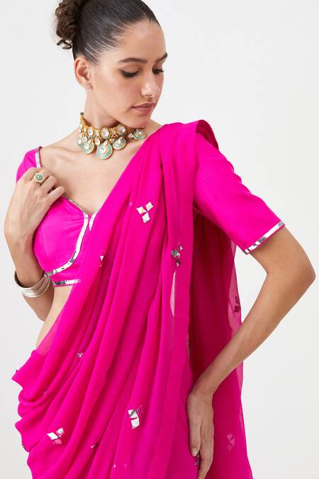 Buy_Sitaraa_Pink Chiffon, Crepe Mirrors Polo Collar Begum Embroidered Saree With Blouse _Online_at_Aza_Fashions