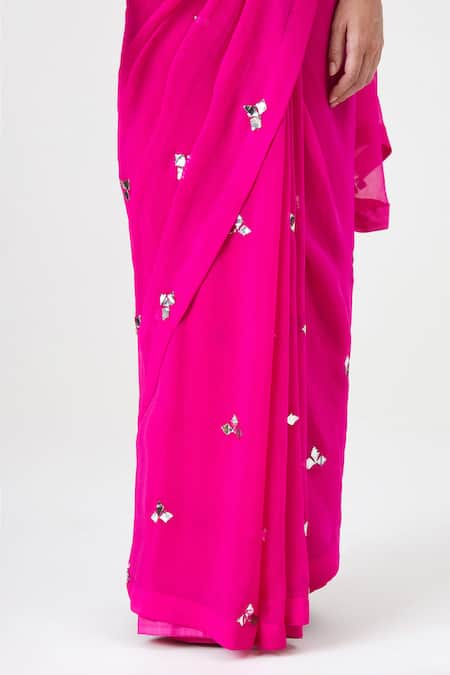 Shop_Sitaraa_Pink Chiffon, Crepe Mirrors Polo Collar Begum Embroidered Saree With Blouse _Online_at_Aza_Fashions