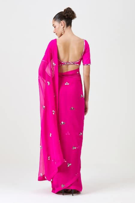 Sitaraa_Pink Chiffon, Crepe Mirrors Polo Collar Begum Embroidered Saree With Blouse _Online_at_Aza_Fashions