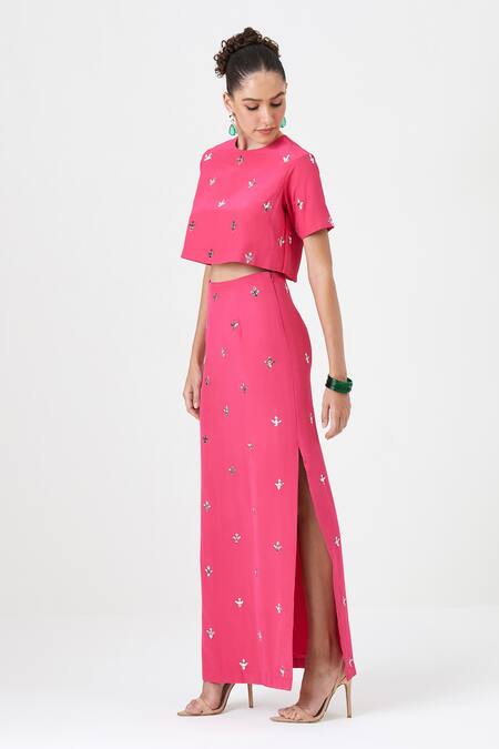 Buy Sitaraa Pink Crepe, Silk Embroidery Round Neck Sakura Motif Top With Skirt Online at Aza Fashions Buy_Sitaraa_Pink Crepe, Silk Embroidery Round Neck Sakura Motif Top With Skirt _Online_at_Aza_Fashions