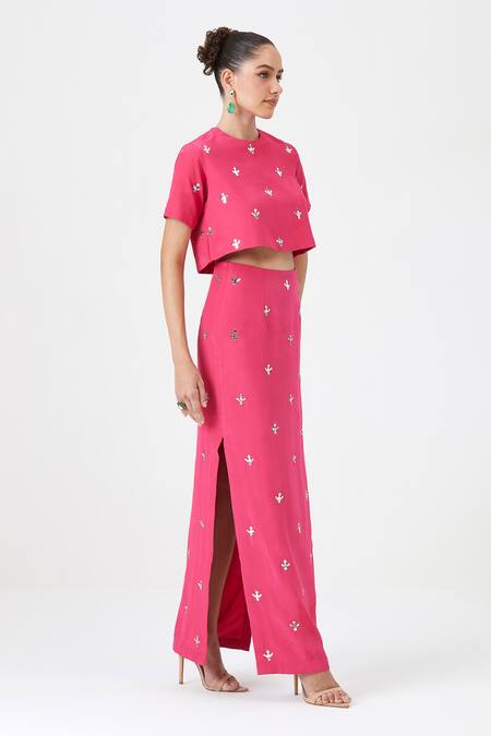Shop Sitaraa Pink Crepe, Silk Embroidery Round Neck Sakura Motif Top With Skirt Online at Aza Fashions Shop_Sitaraa_Pink Crepe, Silk Embroidery Round Neck Sakura Motif Top With Skirt _Online_at_Aza_Fashions