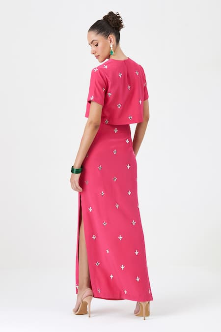 Sitaraa Pink Crepe, Silk Embroidery Round Neck Sakura Motif Top With Skirt Online at Aza Fashions Sitaraa_Pink Crepe, Silk Embroidery Round Neck Sakura Motif Top With Skirt _Online_at_Aza_Fashions