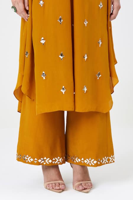 Shop_Sitaraa_Yellow Silk Embroidery V-neck Roshni Motif Tunic With Pant_Online_at_Aza_Fashions