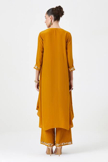 Shop_Sitaraa_Yellow Silk Embroidery V-neck Roshni Motif Tunic With Pant_at_Aza_Fashions