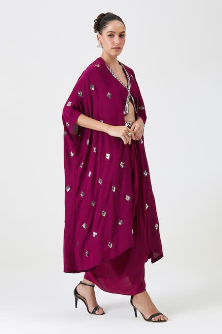 Sitaraa Wine Silk Mirrors Open Neck Shabana Motif Embroidered Cape And Dhoti Skirt Set Online at Aza Fashions Sitaraa_Wine Silk Mirrors Open Neck Shabana Motif Embroidered Cape And Dhoti Skirt Set_Online_at_Aza_Fashions