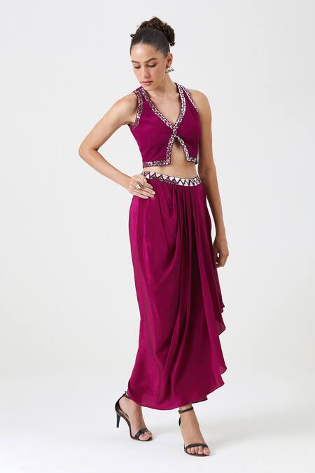 Buy Sitaraa Wine Silk Mirrors Open Neck Shabana Motif Embroidered Cape And Dhoti Skirt Set Online at Aza Fashions Buy_Sitaraa_Wine Silk Mirrors Open Neck Shabana Motif Embroidered Cape And Dhoti Skirt Set_Online_at_Aza_Fashions