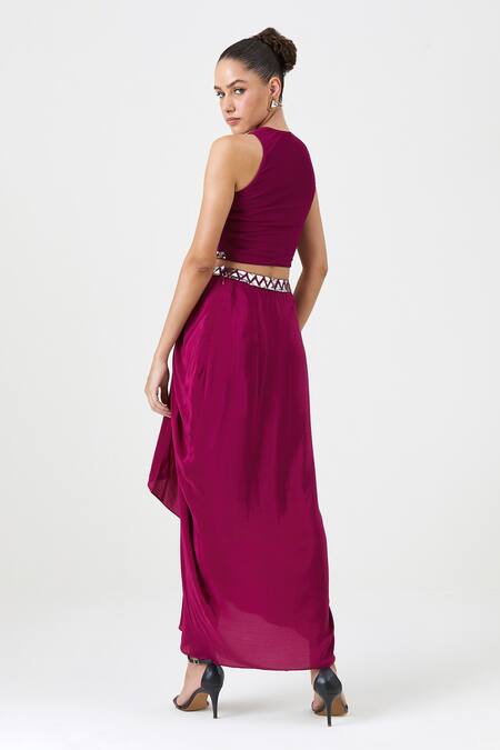 Shop Sitaraa Wine Silk Mirrors Open Neck Shabana Motif Embroidered Cape And Dhoti Skirt Set Online at Aza Fashions Shop_Sitaraa_Wine Silk Mirrors Open Neck Shabana Motif Embroidered Cape And Dhoti Skirt Set_Online_at_Aza_Fashions