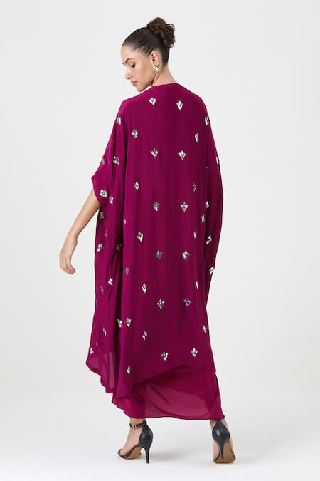 Shop Sitaraa Wine Silk Mirrors Open Neck Shabana Motif Embroidered Cape And Dhoti Skirt Set at Aza Fashions Shop_Sitaraa_Wine Silk Mirrors Open Neck Shabana Motif Embroidered Cape And Dhoti Skirt Set_at_Aza_Fashions