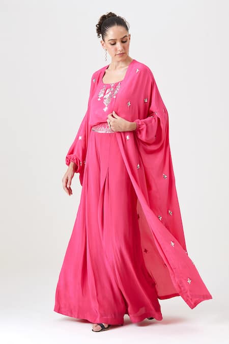 Buy Sitaraa Pink Crepe, Silk Mirrors Open Neck Roohani Motif Embroidered Cape And Pant Set Online at Aza Fashions Buy_Sitaraa_Pink Crepe, Silk Mirrors Open Neck Roohani Motif Embroidered Cape And Pant Set_Online_at_Aza_Fashions