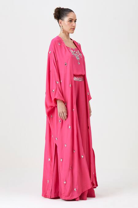 Shop Sitaraa Pink Crepe, Silk Mirrors Open Neck Roohani Motif Embroidered Cape And Pant Set Online at Aza Fashions Shop_Sitaraa_Pink Crepe, Silk Mirrors Open Neck Roohani Motif Embroidered Cape And Pant Set_Online_at_Aza_Fashions