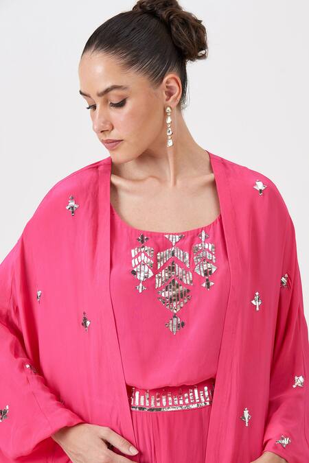 Sitaraa Pink Crepe, Silk Mirrors Open Neck Roohani Motif Embroidered Cape And Pant Set at Aza Fashions Sitaraa_Pink Crepe, Silk Mirrors Open Neck Roohani Motif Embroidered Cape And Pant Set_at_Aza_Fashions