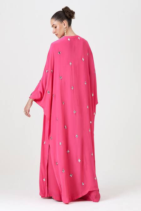 Shop Sitaraa Pink Crepe, Silk Mirrors Open Neck Roohani Motif Embroidered Cape And Pant Set at Aza Fashions Shop_Sitaraa_Pink Crepe, Silk Mirrors Open Neck Roohani Motif Embroidered Cape And Pant Set_at_Aza_Fashions