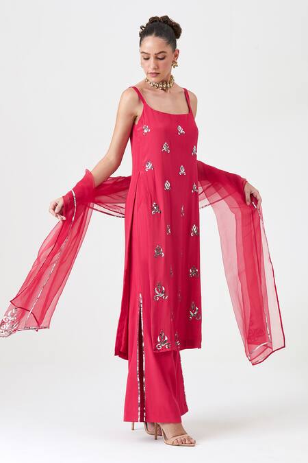 Shop Sitaraa Pink Crepe, Silk, Chiffon Embroidery, Mirrors Scoop Seher Motif Kurta Pant Set Online at Aza Fashions Shop_Sitaraa_Pink Crepe, Silk, Chiffon Embroidery, Mirrors Scoop Seher Motif Kurta Pant Set _Online_at_Aza_Fashions