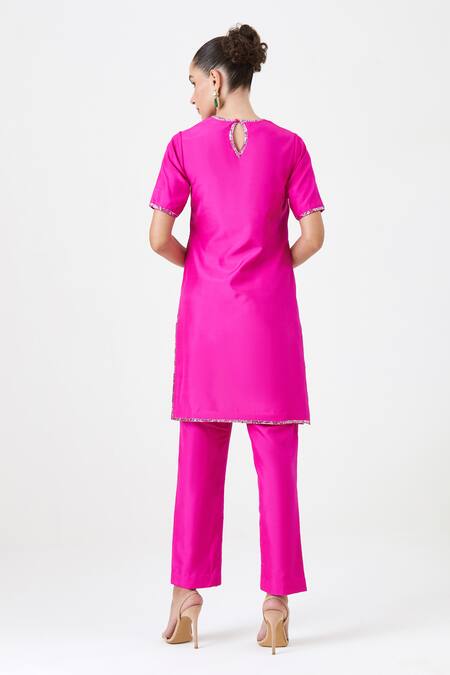 Sitaraa Pink Silk Mirrors, Embroidery Round Neck Gulaab Placement Kurta Pant Set Online at Aza Fashions Sitaraa_Pink Silk Mirrors, Embroidery Round Neck Gulaab Placement Kurta Pant Set _Online_at_Aza_Fashions