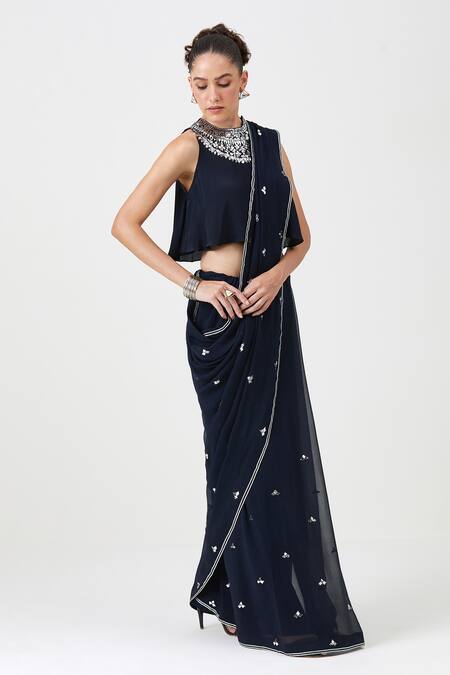 Buy Sitaraa Blue Chiffon, Crepe Mirrors Round Neck Husn Embroidered Saree With Blouse Online at Aza Fashions Buy_Sitaraa_Blue Chiffon, Crepe Mirrors Round Neck Husn Embroidered Saree With Blouse _Online_at_Aza_Fashions