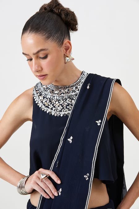 Shop Sitaraa Blue Chiffon, Crepe Mirrors Round Neck Husn Embroidered Saree With Blouse Online at Aza Fashions Shop_Sitaraa_Blue Chiffon, Crepe Mirrors Round Neck Husn Embroidered Saree With Blouse _Online_at_Aza_Fashions