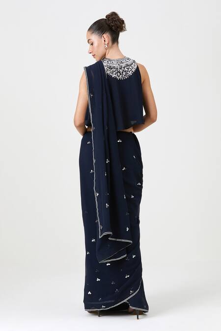 Sitaraa Blue Chiffon, Crepe Mirrors Round Neck Husn Embroidered Saree With Blouse Online at Aza Fashions Sitaraa_Blue Chiffon, Crepe Mirrors Round Neck Husn Embroidered Saree With Blouse _Online_at_Aza_Fashions