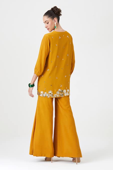 Sitaraa Yellow Crepe, Silk Mirrors, Nora Pleated Mukaish Work Tunic With Sharara Online at Aza Fashions Sitaraa_Yellow Crepe, Silk Mirrors, Nora Pleated Mukaish Work Tunic With Sharara _Online_at_Aza_Fashions