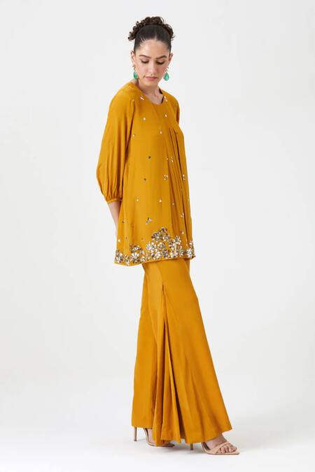 Buy Sitaraa Yellow Crepe, Silk Mirrors, Nora Pleated Mukaish Work Tunic With Sharara Online at Aza Fashions Buy_Sitaraa_Yellow Crepe, Silk Mirrors, Nora Pleated Mukaish Work Tunic With Sharara _Online_at_Aza_Fashions