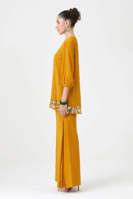 Shop Sitaraa Yellow Crepe, Silk Mirrors, Nora Pleated Mukaish Work Tunic With Sharara Online at Aza Fashions Shop_Sitaraa_Yellow Crepe, Silk Mirrors, Nora Pleated Mukaish Work Tunic With Sharara _Online_at_Aza_Fashions